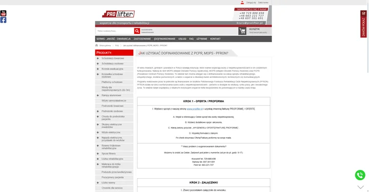 Zrzut ekranu ze strony prolifter.pl, dotyczący tego jak uzyskać dofinansowanie z pcpr mops pfron