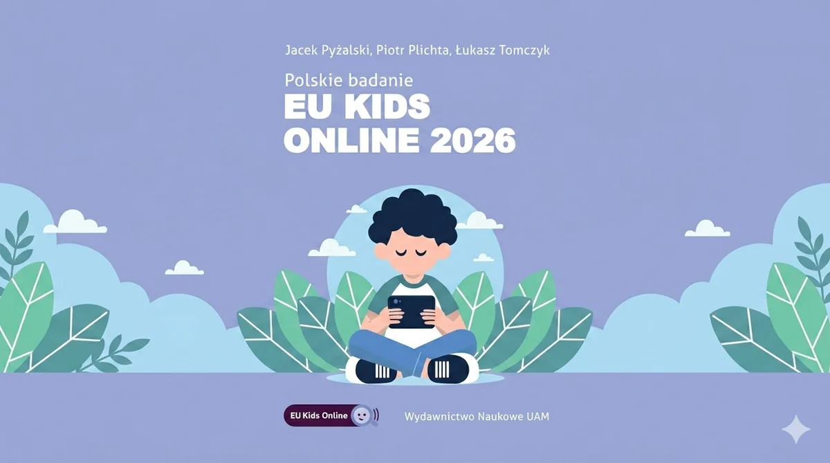 Plakat „Polskie badanie EU Kids Online 2026” z dzieckiem siedzącym z tabletem.