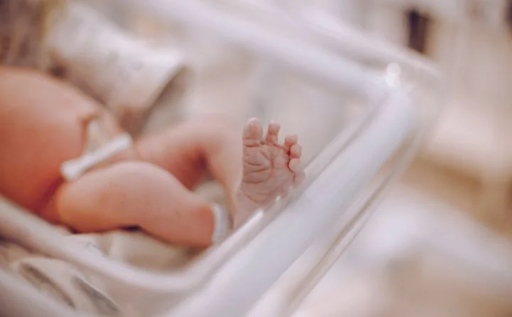 Noworodek w szpitalnym inkubatorze, widoczna mała stopa z opaską identyfikacyjną