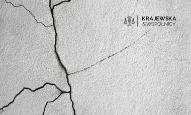 Pęknięta biała ściana z ciemnymi rysami; w prawym górnym rogu napis i symbol „Krajewska & Wspólnicy”