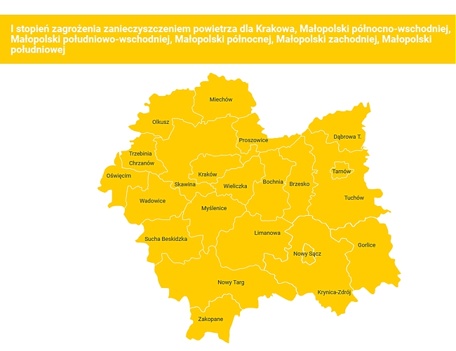 Grafika przedsawia obszar Małopolski zaznaczony na żółto i informację o zagrożeniu