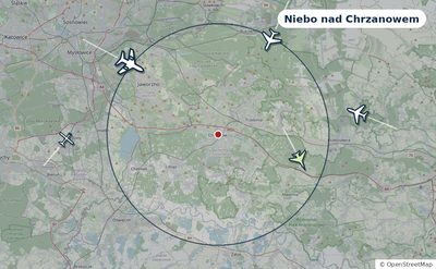 Mapa okolic miasta z sylwetkami samolotów — Niebo nad Chrzanowem na żywo