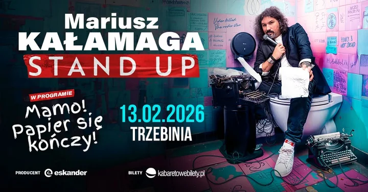 Grafika promocyjna wydarzenia Mariusz Kałamaga — „Mamo! Papier się kończy!” w Trzebini (13 lutego 2026)
