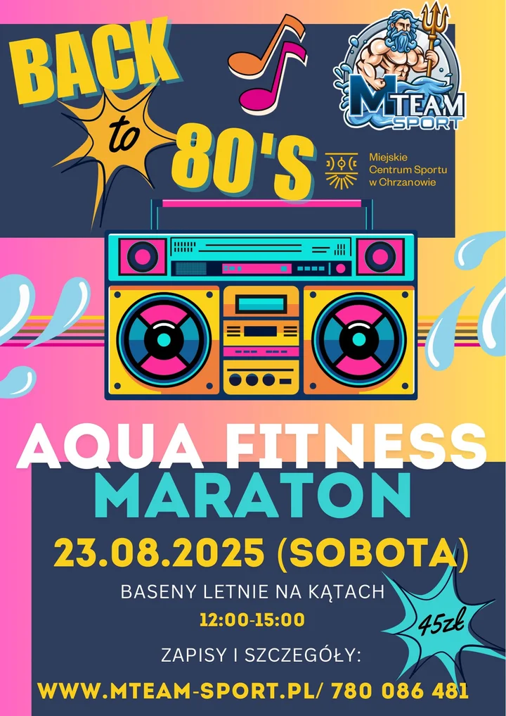 Obrazek przedstawia grafikę promocyjną wydarzenia Aqua Fitness Marathon w klimacie lat 80. w Chrzanowie