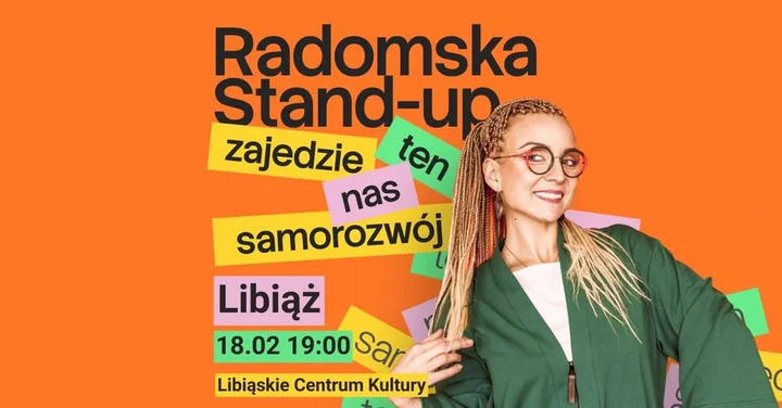 Grafika promocyjna wydarzenia Aleksandra Radomska „Zajedzie nas ten samorozwój” — stand-up w Libiążu