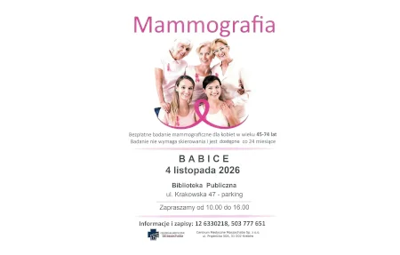 Grafika promocyjna wydarzenia Bezpłatne badanie mammograficzne w Babicach