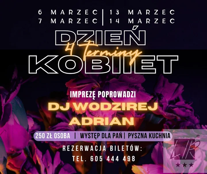 Grafika promocyjna wydarzenia DZIEŃ KOBIET 2026 w LIR — wieczór elegancji, muzyki i wyjątkowych atrakcji