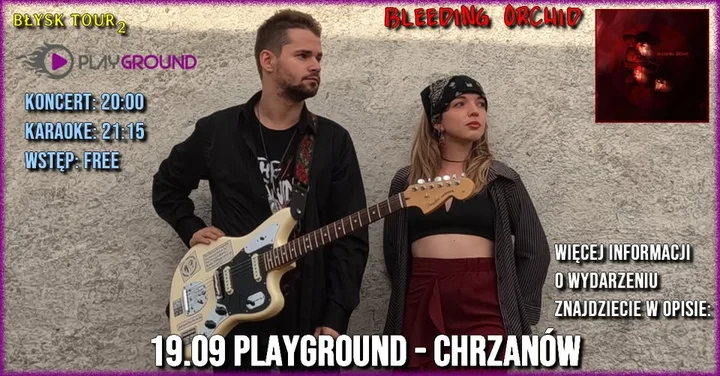 Obrazek przedstawia grafikę promocyjną wydarzenia Bleeding Orchid w PlayGround — koncert w ramach trasy BŁYSK TOUR 2