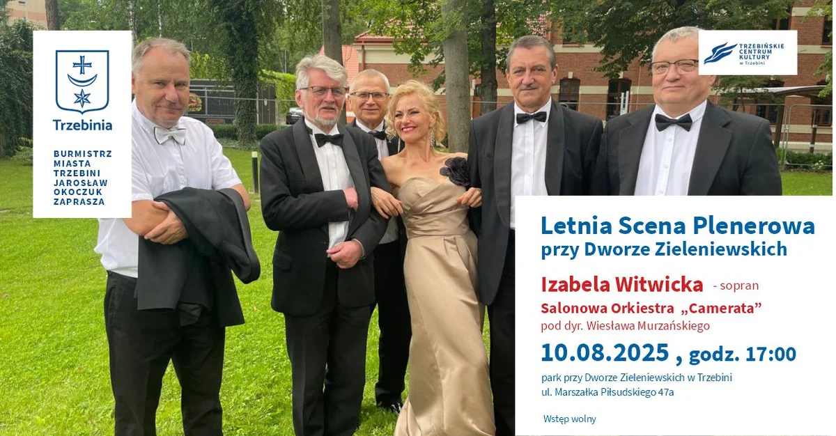 Grafika promocyjna wydarzenia Koncert Izabeli Witwickiej z towarzyszeniem orkiestry w parku przy Dworze Zieleniewskich