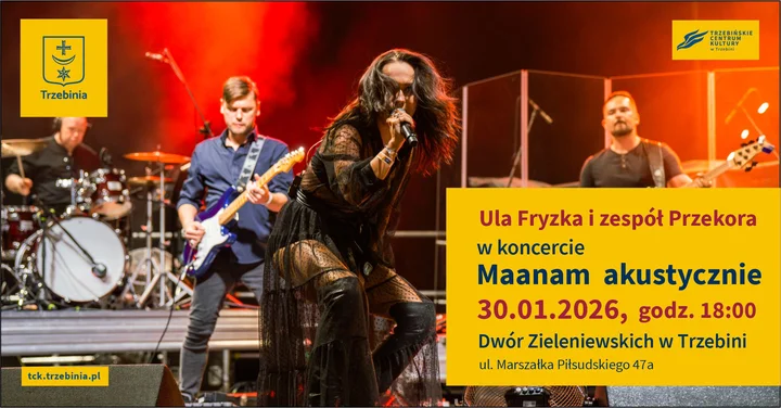 Grafika promocyjna wydarzenia Maanam akustycznie — Ula Fryzka i zespół Przekora w Dworze Zieleniewskich