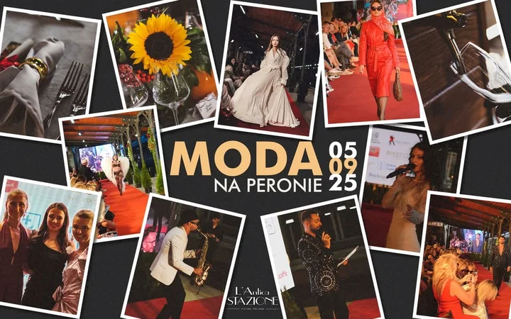 Obrazek przedstawia grafikę promocyjną wydarzenia Pokaz mody z muzyką na peronie Dworca Kolejowego w Trzebini