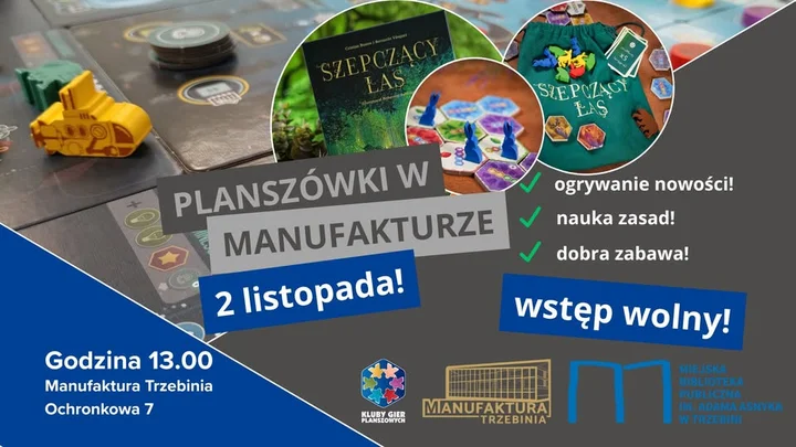 Grafika promocyjna wydarzenia Popołudnie z planszówkami w Manufakturze Trzebinia