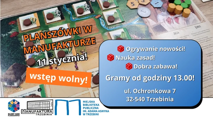 Grafika promocyjna wydarzenia Planszówki w Manufakturze — Planszowy Bastion w Trzebini
