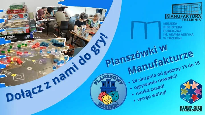 Obrazek przedstawia grafikę promocyjną wydarzenia Spotkanie Klubu Planszowego w Manufakturze Trzebinia