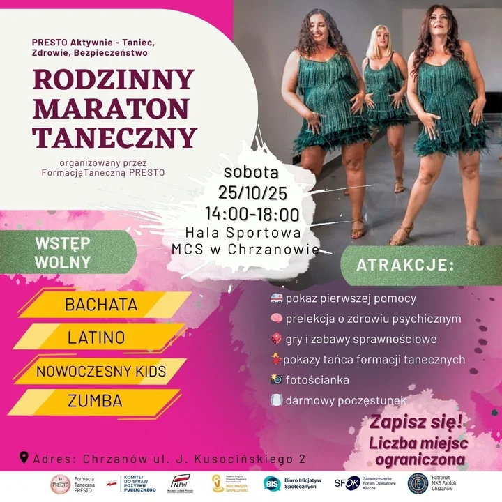 Obrazek przedstawia grafikę promocyjną wydarzenia Rodzinny maraton taneczny w Chrzanowie