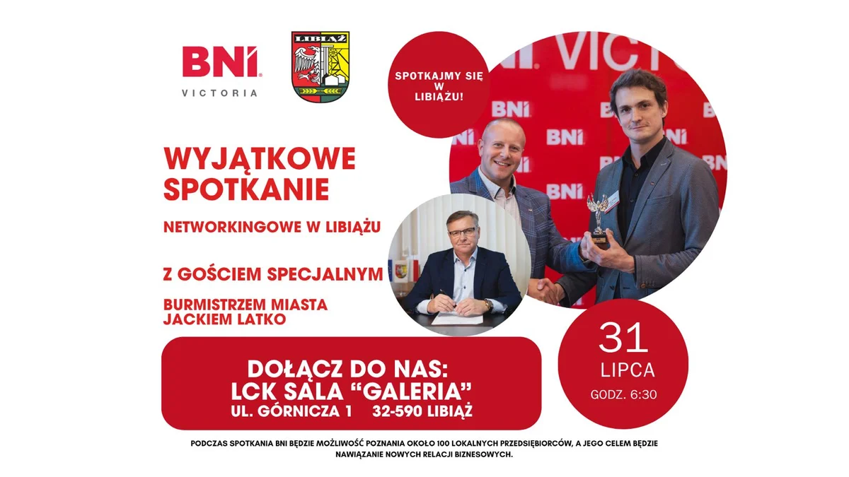 Grafika promocyjna wydarzenia Spotkanie przedsiębiorców BNI Victoria z burmistrzem Libiąża