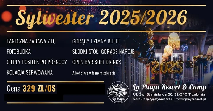 Grafika promocyjna wydarzenia Sylwester 2025/2026 w La Playa — impreza w klimacie lat 80. i 90.