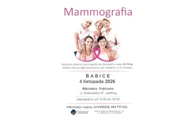 Grafika promocyjna wydarzenia Bezpłatne badanie mammograficzne w Babicach