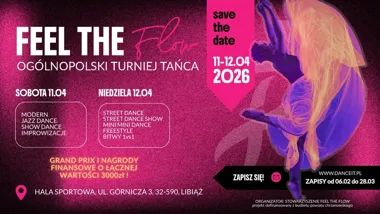 Grafika promocyjna wydarzenia FEEL THE FLOW Vol.4 — Ogólnopolski Turniej Tańca Nowoczesnego w Libiążu (11–12 kwietnia 2026)