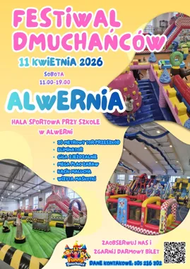 Grafika promocyjna wydarzenia Festiwal Dmuchańców – Alwernia. Wiosenna zabawa pełna skoków i zjeżdżania