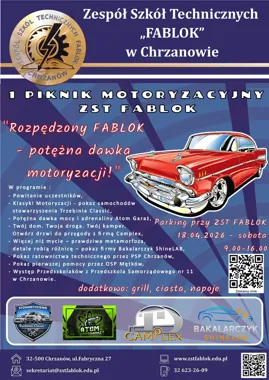 Grafika promocyjna wydarzenia I Piknik Motoryzacyjny w ZST „FabLok” w Chrzanowie