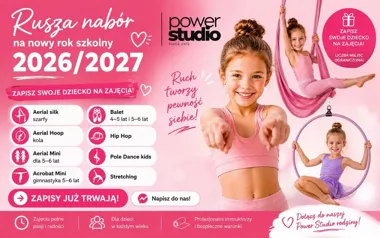 Grafika promocyjna wydarzenia Nabory na akrobatykę powietrzną i taniec w PowerStudio Chrzanów na rok szkolny 2026/2027