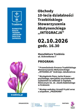 Grafika promocyjna wydarzenia Obchody 10-lecia Trzebińskiego Stowarzyszenia Abstynenckiego „INTEGRACJA”