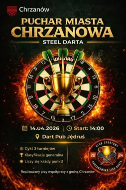 Grafika promocyjna wydarzenia Puchar Chrzanowa – pierwszy turniej cyklu darta w Dart Pubie Jędruś