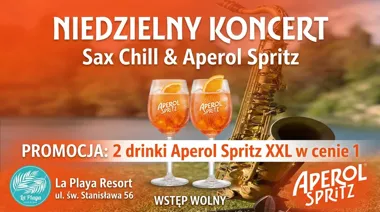 Grafika promocyjna wydarzenia SAX CHILL & APEROL SPRITZ w Trzebini — letni koncert z saksofonem i Aperol Spritz