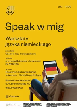 Grafika promocyjna wydarzenia Speak w mig – warsztaty języka niemieckiego