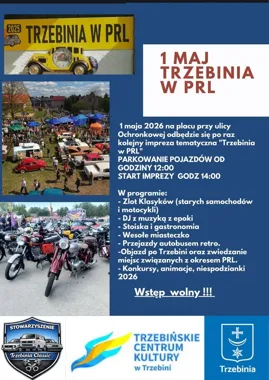 Grafika promocyjna wydarzenia Trzebinia w PRL 2026 – zlot klasyków i majówka w klimacie dawnych lat
