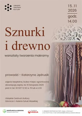 Grafika promocyjna wydarzenia Warsztaty tworzenia makramy „Sznurki i drewno”