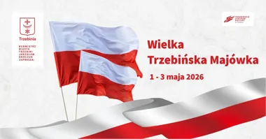 Grafika promocyjna wydarzenia Wielka Trzebińska Majówka 2026 w Trzebini. Trzy dni atrakcji, historii i dobrej zabawy