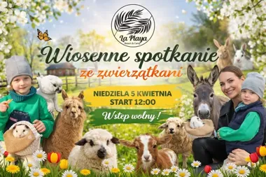 Grafika promocyjna wydarzenia Wiosenne spotkanie ze zwierzątkami w Trzebini
