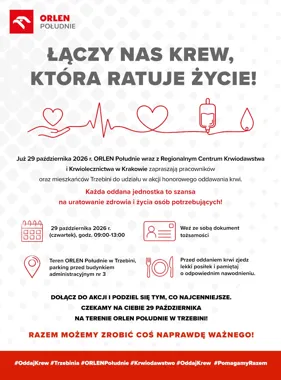 Grafika promocyjna wydarzenia Zbiórka krwi ORLEN Południe w Trzebini