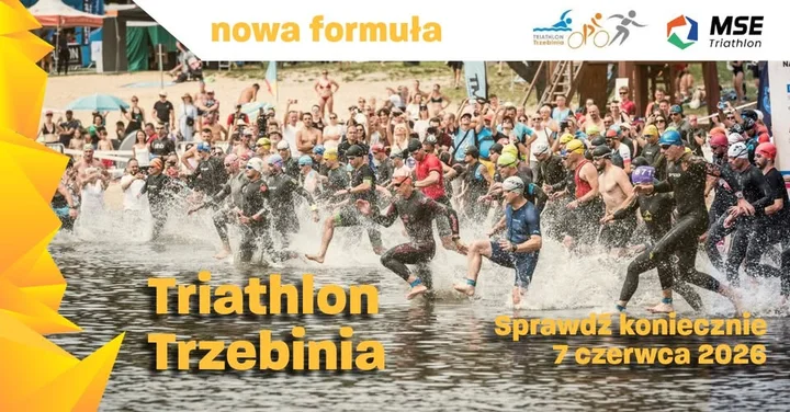 Grafika promocyjna wydarzenia Triathlon Trzebinia 2026 — zawodnicy nad Jeziorem Chechelskim