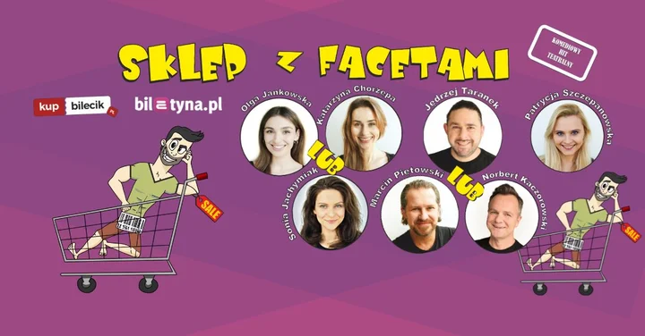 Grafika promocyjna wydarzenia TRZEBINIA otwiera SKLEP z FACETAMI — komedia teatralna w Domu Kultury Sokół
