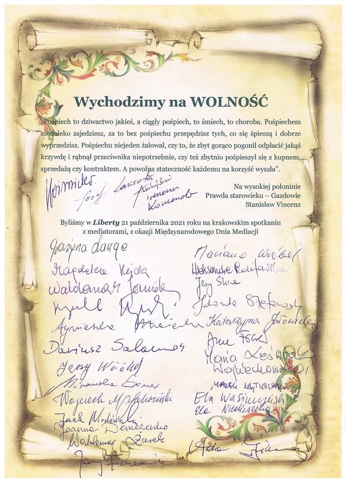 Obrazek przedstawia grafikę promocyjną wydarzenia Tydzień Mediacji 2025 w Trzebini — cykl spotkań i paneli 13–19 października