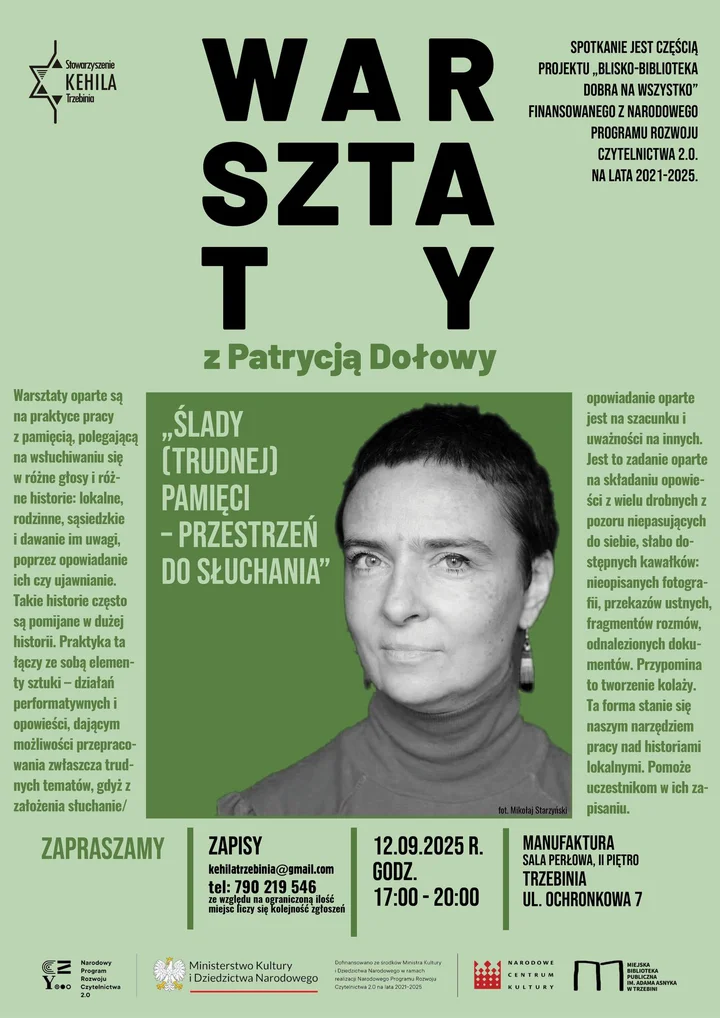 Obrazek przedstawia grafikę promocyjną wydarzenia Warsztaty o pamięci lokalnej z Patrycją Dołowy