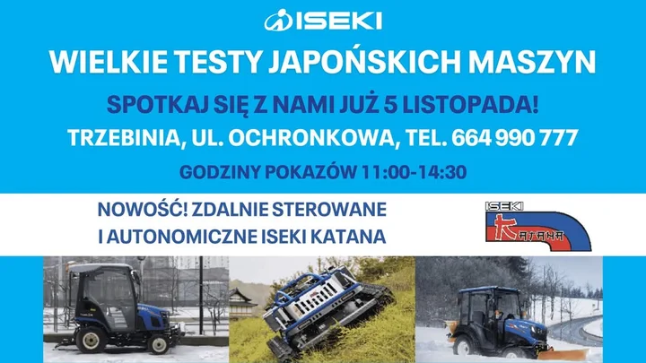 Grafika promocyjna wydarzenia Wielkie Testy Maszyn ISEKI 2025 — Trzebinia, ul. Ochronkowa