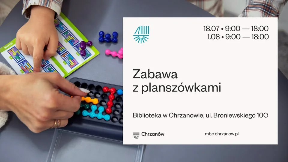 Obrazek przedstawia grafikę promocyjną wydarzenia Spotkania z grami planszowymi w Miejskiej Bibliotece Publicznej w Chrzanowie