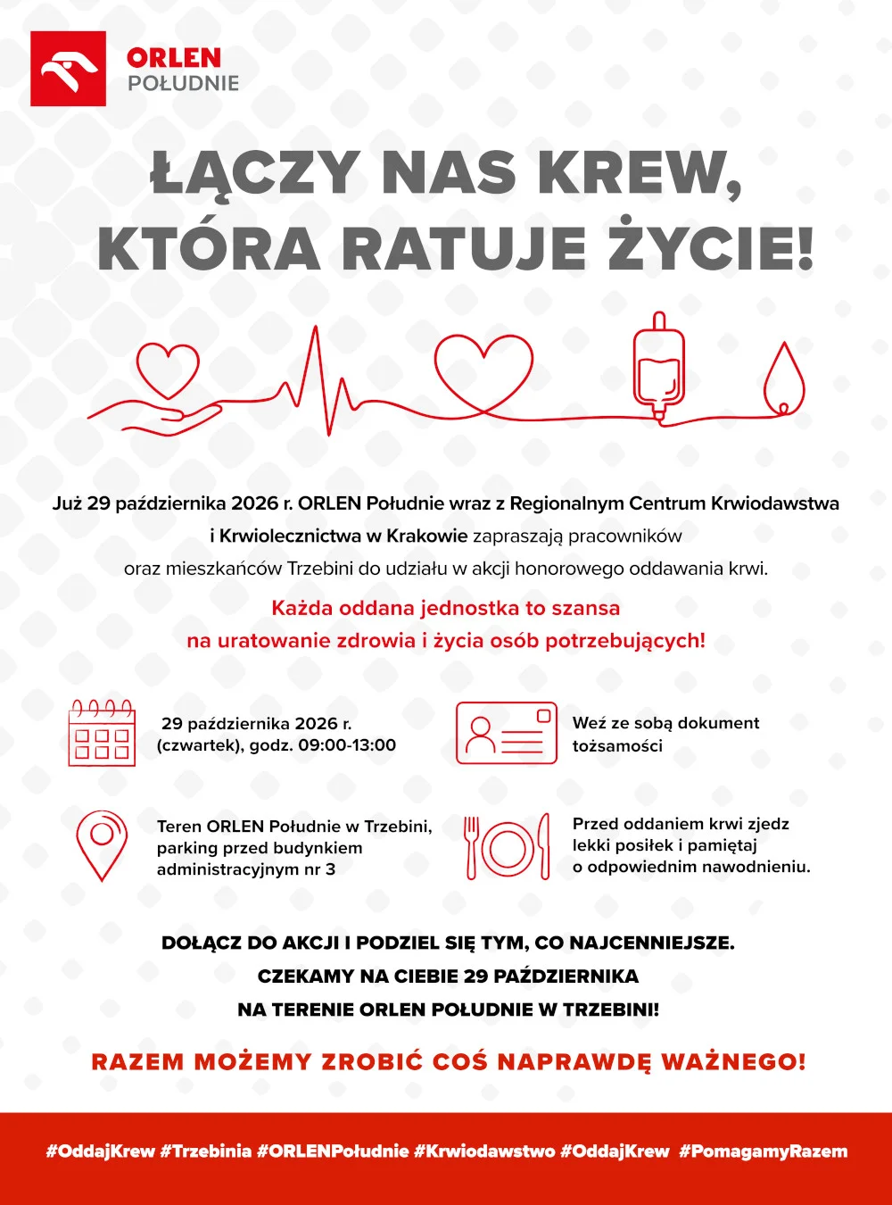 Grafika promocyjna wydarzenia Zbiórka krwi ORLEN Południe w Trzebini
