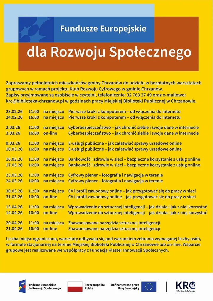 Klub Rozwoju Cyfrowego w Chrzanowie - bezpłatne warsztaty dla dorosłych, krok po kroku