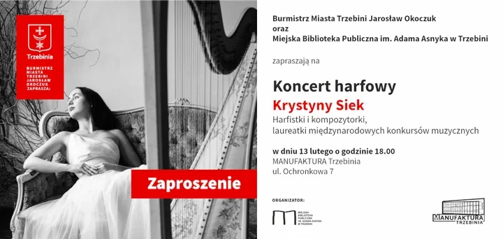 Harfa na Walentynki – koncert Krystyny Siek w Manufakturze trzebińskiej biblioteki