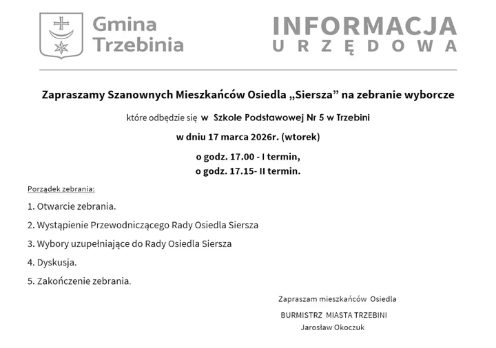 Mieszkańcy Sierszy spotkają się na zebraniu wyborczym w sprawie uzupełnienia Rady Osiedla
